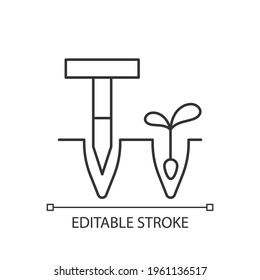 Dibbler linear icon. Pointed wooden stick. Holes, furrows creation for planting. T-handled tool. Thin line customizable illustration. Contour symbol. Vector isolated outline drawing. Editable stroke