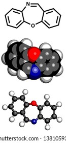 Dibenzoxazepine (CR) tear gas molecule. CR gas is used as a riot control agent. Atoms are represented as spheres with conventional color coding: hydrogen (white), carbon (grey), oxygen (red), etc