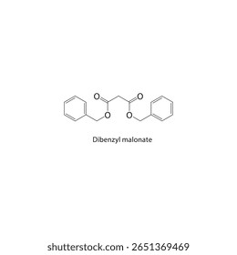 Dibenzyl malonate skeletal structure. Malonate ester compound schematic illustration. Simple diagram, chemical formula.
