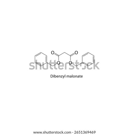 Dibenzyl malonate skeletal structure. Malonate ester compound schematic illustration. Simple diagram, chemical formula.