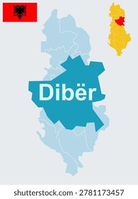 Diber County Albania Map and Flag - Peshkopi Capital, Black Drin River and Lura Lakes Vector Outline.