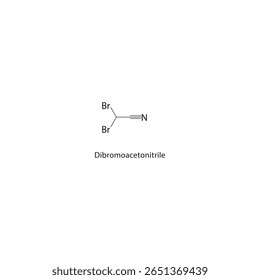 Estrutura esquelética de dibromoacetonitrilo Ilustração esquemática do composto de nitrilo halogenado. Diagrama simples, fórmula química.