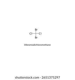 Estrutura esquelética de dibromoclorometano. Ilustração esquemática do composto de metano halogenado. Diagrama simples, fórmula química.