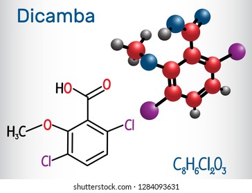 Dicamba molecule. Structural chemical formula and molecule model. Vector illustration