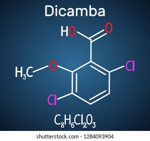 Dicamba molecule. Structural chemical formula on the dark blue background. Vector illustration
