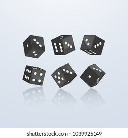 Dice of black color in different perspective on a light background. 3d vector illustration