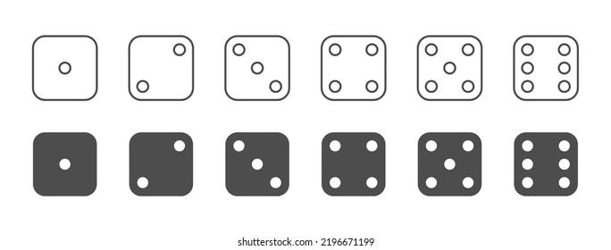 Dice black outline flat icons. Backgammon game 1 3,5. Win jackpot design. Casino poker bet label. Cube sign. Competition game banner. Success number. Entertainment tag. Vector illustration.