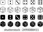Dice Black And White Vector Illustration. Dices flat icon sets. Rolling dice. White roll cubes for gamble games, top view dice sides and falling 3D angles lucky craps. poker gaming cube  entertainment