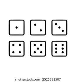 Dice Black And White Vector Illustration. Dices flat icon sets. Rolling dice. White roll cubes for gamble games, top view dice sides. poker gaming cube entertainment