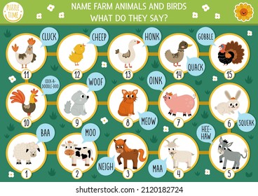 Dice board game for children with farm animals, birds and their sounds. Countryside boardgame.  Rural country activity or printable worksheet for kids. Name the animals, say moo, baa, oink, meow