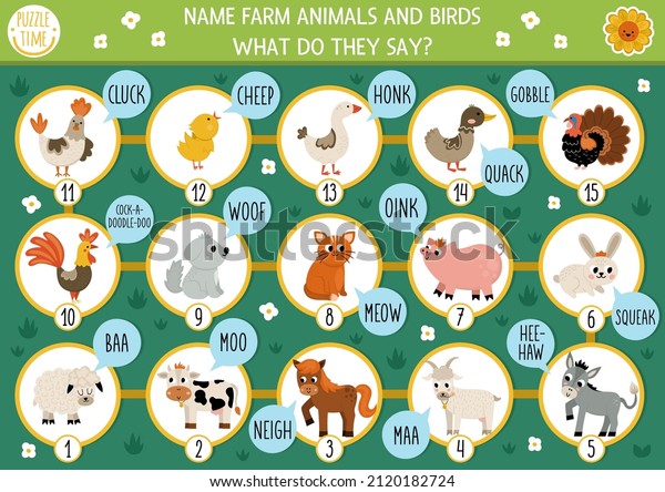 Dice board game for children with farm animals,\
birds and their sounds. Countryside boardgame.  Rural country\
activity or printable worksheet for kids. Name the animals, say\
moo, baa, oink, meow