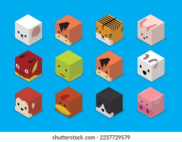 Dice Box 3D Character Chinese Zodiac Animal Set Cartoon Vector
