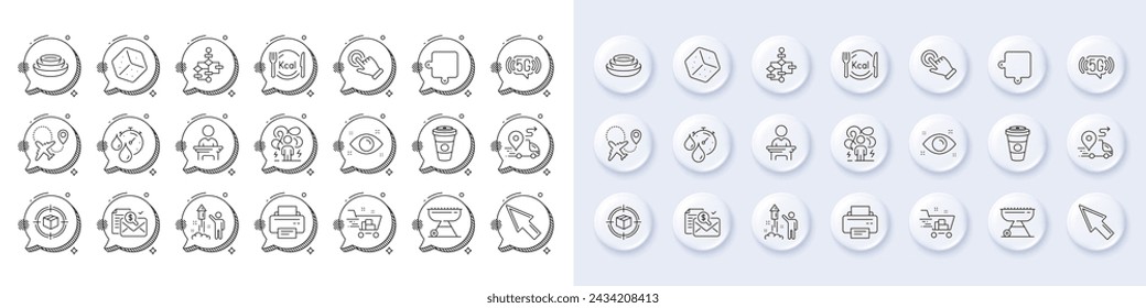 Dice, Calories and Touchscreen gesture line icons. White pin 3d buttons, chat bubbles icons. Pack of Parcel tracking, Difficult stress, Airplane icon. Vector
