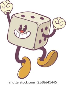 Dice cartoon character in retro groovy style, game cube mascot