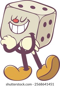 Dice cartoon character in retro groovy style, game cube mascot