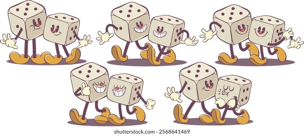 Dice cartoon character in retro groovy style, game cube mascot