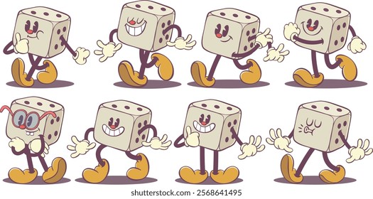 Dice cartoon character in retro groovy style, game cube mascot