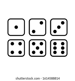 Dice cartoon icons set. Traditional die with six faces of cube marked with different numbers of dots or pips from 1 to 6. Learn how to count up to six for kids, drawing. Isolated vector illustration.