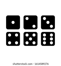 Dice cartoon icons set. Traditional die with six faces of cube marked with different numbers of dots or pips from 1 to 6. Learn how to count up to six for kids, drawing. Isolated vector illustration.