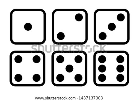 Dice cartoon icons set. Traditional die with six faces of cube marked with different numbers of dots or pips from 1 to 6. Learn how to count up to six for kids, drawing. Isolated vector illustration.