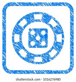 Dice Casino Chip grainy textured icon inside rounded square for overlay watermark imitations. Flat symbol with unclean texture.