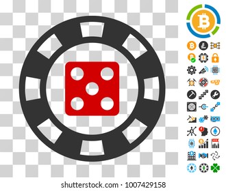 Dice Casino Chip icon with bonus bitcoin mining and blockchain design elements. Vector illustration style is flat iconic symbols. Designed for crypto currency websites.