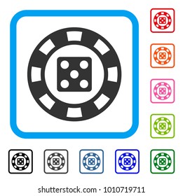 Dice Casino Chip icon. Flat grey iconic symbol inside a blue rounded square. Black, grey, green, blue, red, pink color versions of dice casino chip vector. Designed for web and app UI.