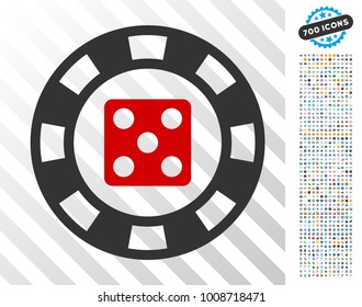Dice Casino Chip pictograph with 700 bonus bitcoin mining and blockchain design elements. Vector illustration style is flat iconic symbols designed for blockchain software.