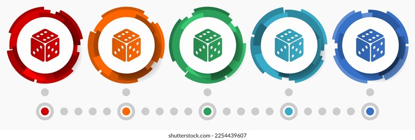 Dice, casino concept vector icon set, modern design abstract web buttons in 5 color options, infographic template