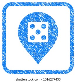 Dice Casino Marker grainy textured icon inside rounded square for overlay watermark imitations. Flat symbol with dust texture.