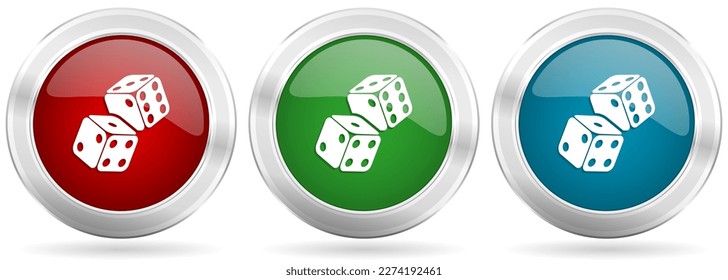 Dice, casino vector icon set. Red, blue and green silver metallic web buttons with chrome border