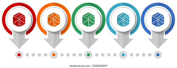Dice, casino vector icon set, flat design infographic template, set pointer concept icons in 5 color options for webdesign and mobile applications