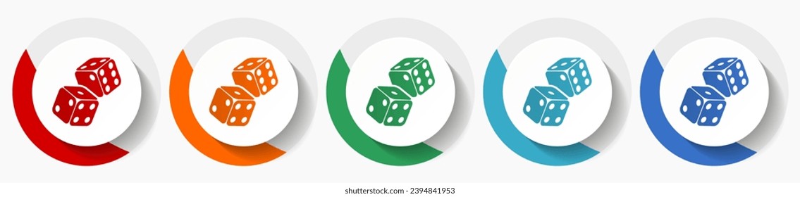 Dice, casino vector icon set, flat design colorful round icons in 5 color options for webdesign and mobile applications