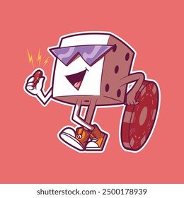 A Dice Character is leaning on a casino chip vector illustration. Gambling design concept.