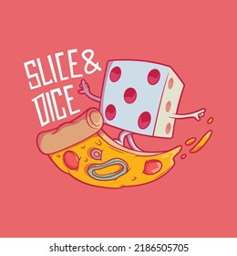Dice character riding a slice of pizza vector illustration. Food, funny, game vector illustration.