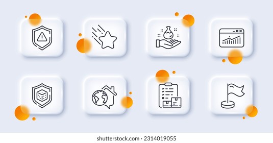 Dice, Chemistry lab and Milestone line icons pack. 3d glass buttons with blurred circles. Website statistics, Work home, Inventory checklist web icon. Attention, Falling star pictogram. Vector