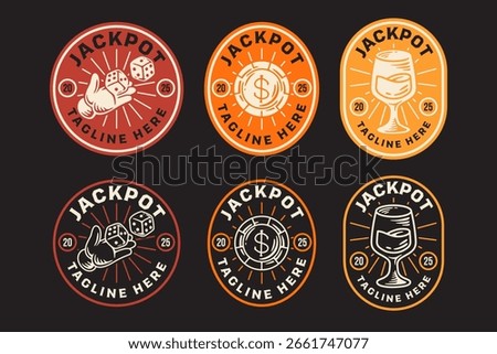 Dice, chips, wine retro badge logo vector design set for entertainment. Dollar chip, hand throwing dice, beer vintage emblem logo graphic collections. Gambling poker illustration label element designs