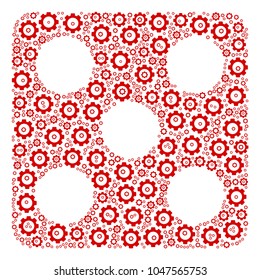 Dice collage of cog wheels. Vector gear items are combined into dice figure.