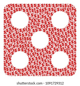 Dice collage of dollars and sphere dots. Vector banking symbols are composed into dice composition.