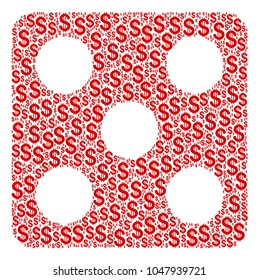 Dice collage of dollars. Vector dollar icons are united into dice illustration.