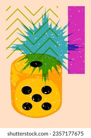 Dice with colorful geometric shapes. Object in trendy riso graph design. Geometry elements abstract risograph print texture style.