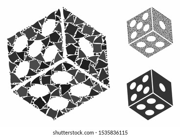 Dice composition of irregular elements in different sizes and shades, based on dice icon. Vector rugged elements are composed into collage. Dice icons collage with dotted pattern.