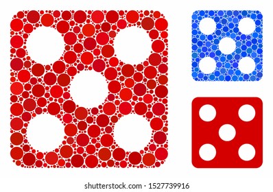 Dice composition of small circles in variable sizes and color tinges, based on dice icon. Vector small circles are combined into blue mosaic. Dotted dice icon in usual and blue versions.