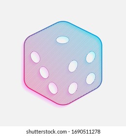 Cubo de dados, juego de casino. Logo coloreado con líneas diagonales y degradado azul-rojo. Gráfico neón, efecto ligero