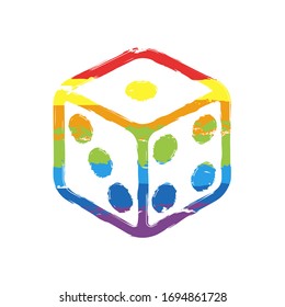 Cubo de dados, juego de casino. Signo de dibujo con estilo LGBT, siete colores arcoiris (rojo, naranja, amarillo, verde, azul, índigo, violeta)