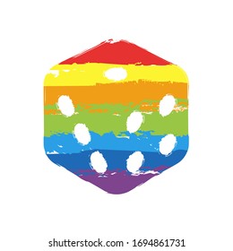 Cubo de dados, juego de casino. Signo de dibujo con estilo LGBT, siete colores arcoiris (rojo, naranja, amarillo, verde, azul, índigo, violeta)
