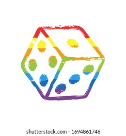 Cubo de dados, juego de casino. Signo de dibujo con estilo LGBT, siete colores arcoiris (rojo, naranja, amarillo, verde, azul, índigo, violeta)