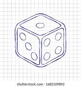 Dice cube, casino game. Hand drawn picture on paper sheet. Blue ink, outline sketch style. Doodle on checkered background