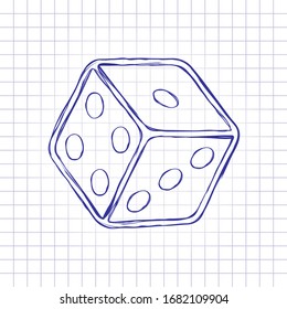 Dice cube, casino game. Hand drawn picture on paper sheet. Blue ink, outline sketch style. Doodle on checkered background