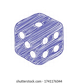Dice cube, casino game. Hand drawn sketched picture with scribble fill. Blue ink. Doodle on white background
